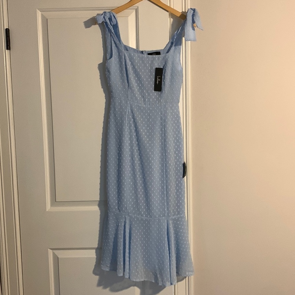 LULUS DRESS. Never been worn. Periwinkle Blue, Swiss Dot Tie-Strap Midi Dress.